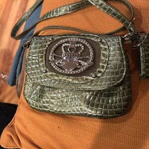 KATHY VAN ZEELAND GREEN CROC SKIN CROSSBODY WITH MATCHING COIN PURSE